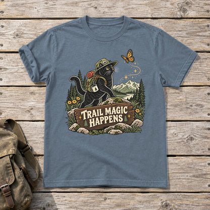 Trail Magic Happens Cat Graphic Tee on Heather Indigo Everyday Soft Tee