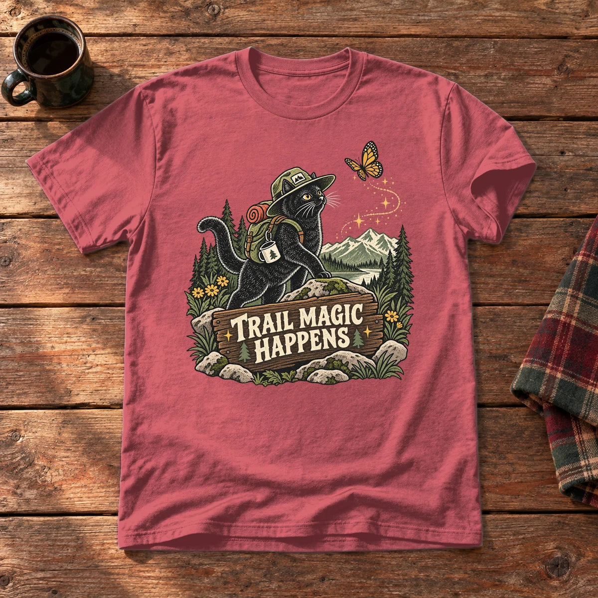 Trail Magic Happens Cat Graphic Tee on Heather Red Everyday Soft Tee