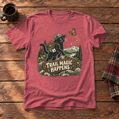 Trail Magic Happens Cat Graphic Tee on Heather Red Everyday Soft Tee