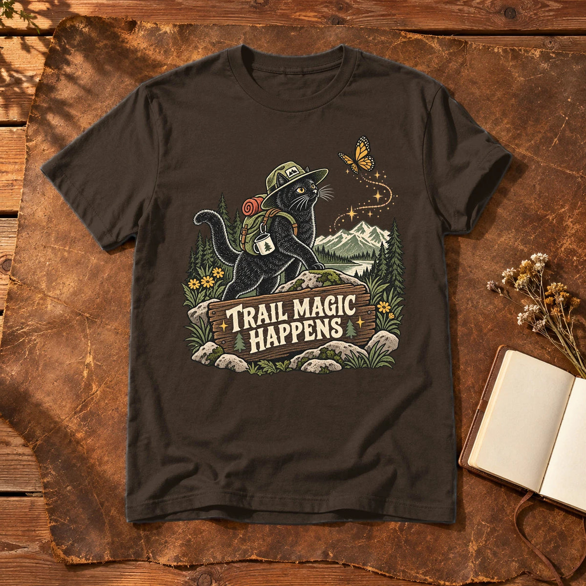 Trail Magic Happens Cat Graphic Tee on Dark Chocolate Everyday Soft Tee