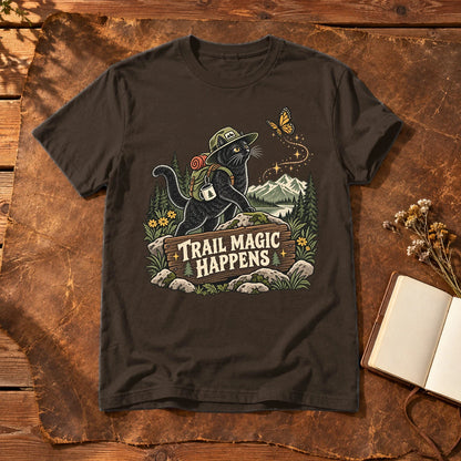 Trail Magic Happens Cat Graphic Tee on Dark Chocolate Everyday Soft Tee