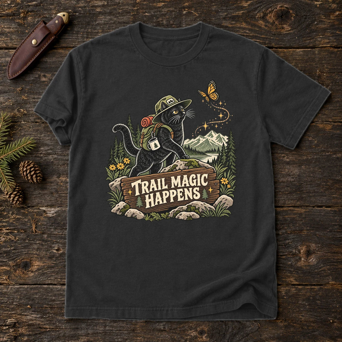 Trail Magic Happens Cat Graphic Tee on Black Premium Tee