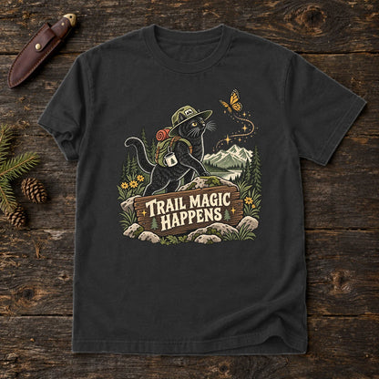 Trail Magic Happens Cat Graphic Tee on Black Premium Tee
