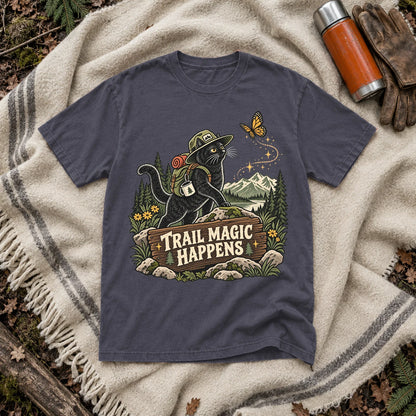 Trail Magic Happens Cat Graphic Tee on Navy Premium Tee