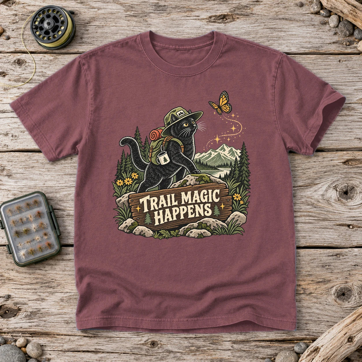 Trail Magic Happens Cat Graphic Tee on Brick Premium Tee