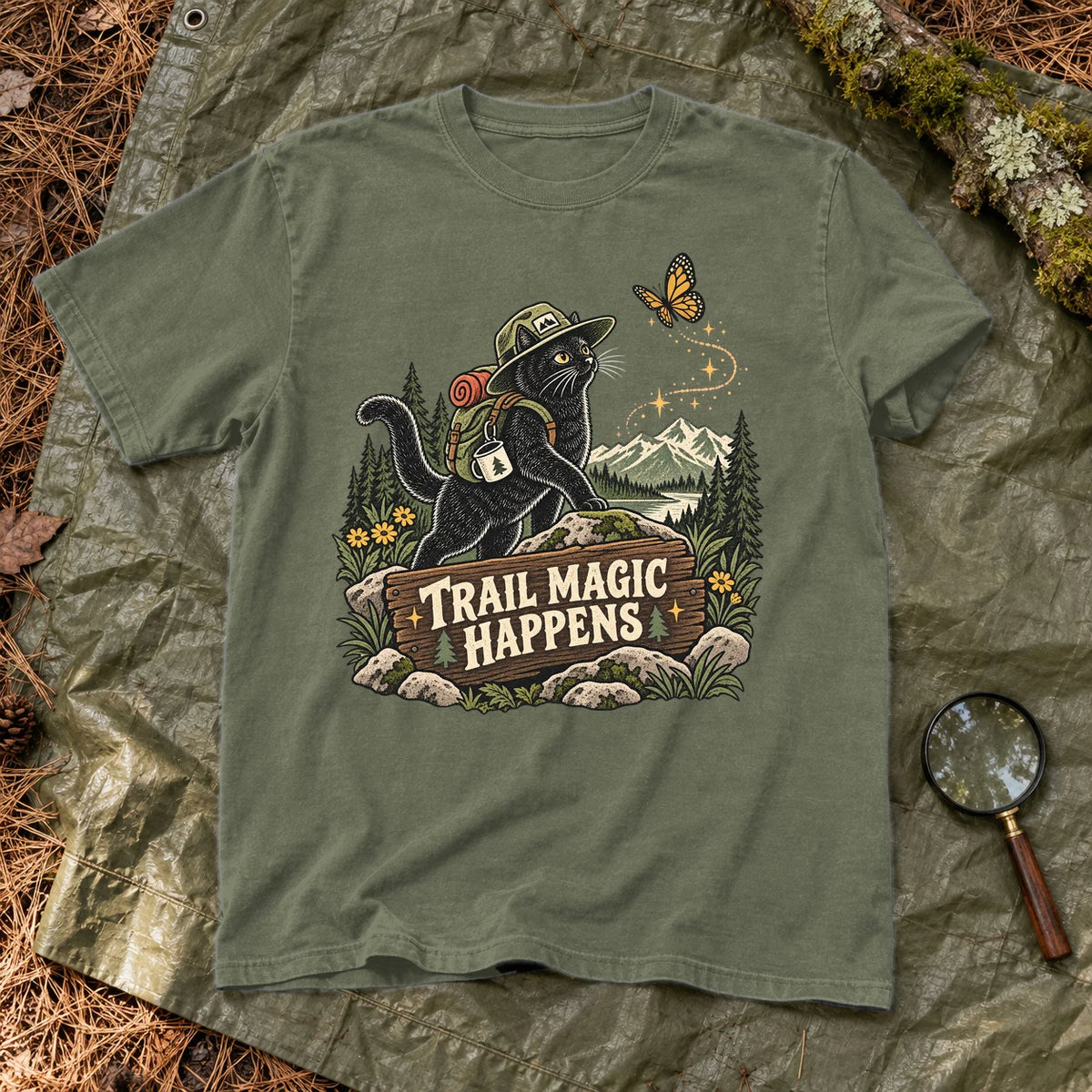 Trail Magic Happens Cat Graphic Tee on Moss Premium Tee