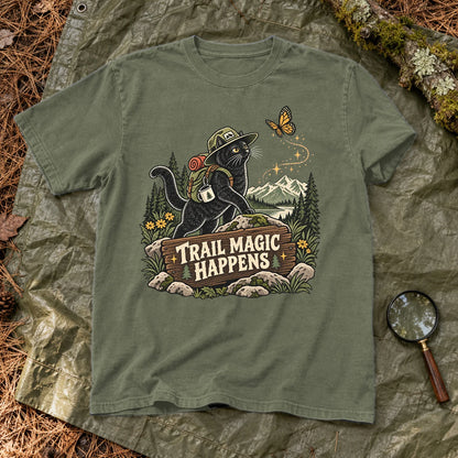 Trail Magic Happens Cat Graphic Tee on Moss Premium Tee
