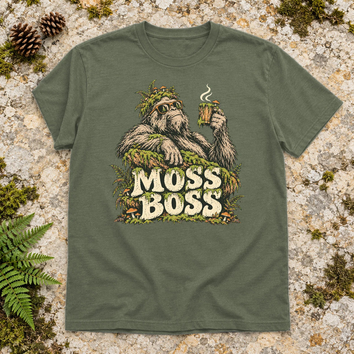 Moss Boss Sasquatch Graphic Tee on Military Green Everyday Soft Tee