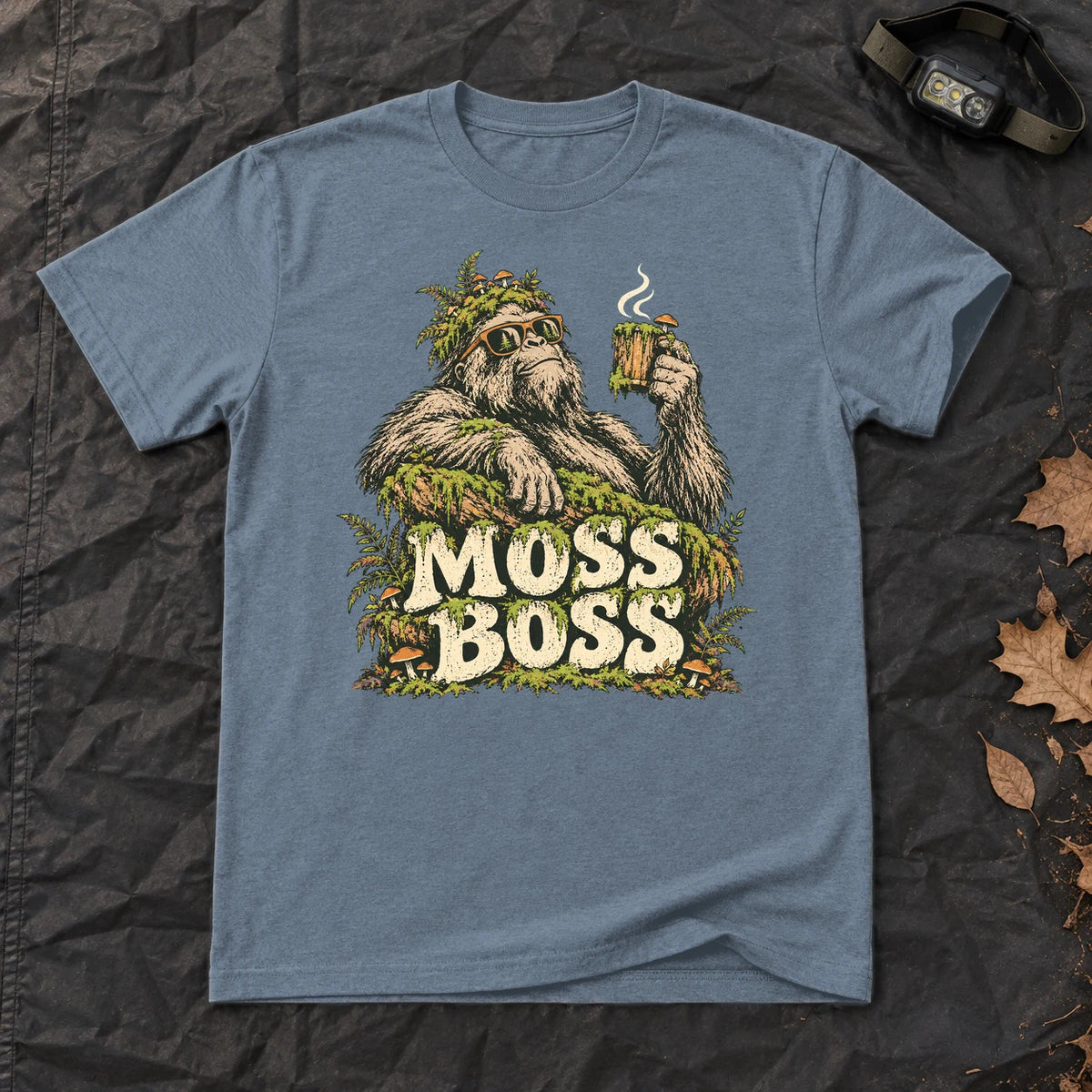 Moss Boss Sasquatch Graphic Tee on Heather Indigo Everyday Soft Tee