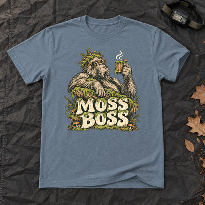 Moss Boss Sasquatch Graphic Tee on Heather Indigo Everyday Soft Tee