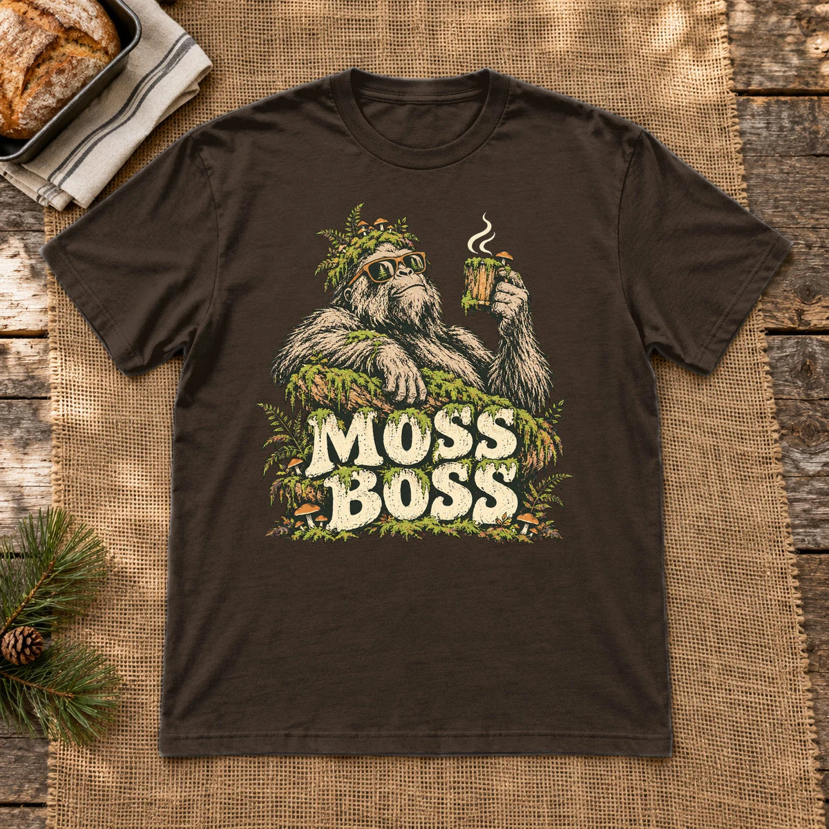 Moss Boss Sasquatch Graphic Tee on Dark Chocolate Everyday Soft Tee