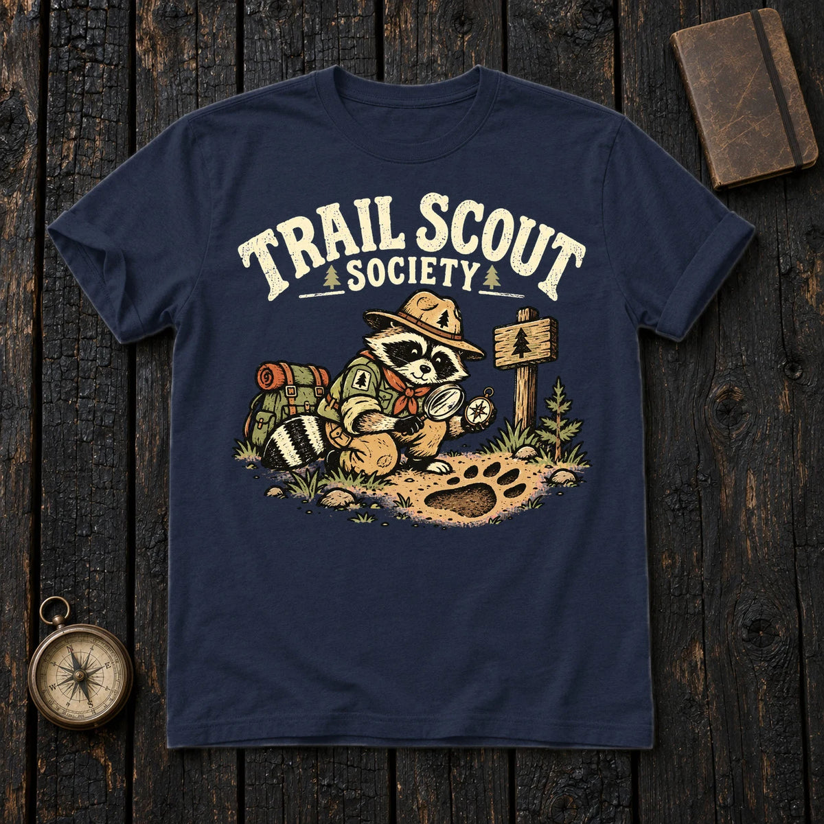 Trail Scout Society Raccoon Graphic Tee on Navy Everyday Soft Tee