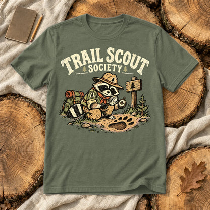Trail Scout Society Raccoon Graphic Tee on Military Green Everyday Soft Tee