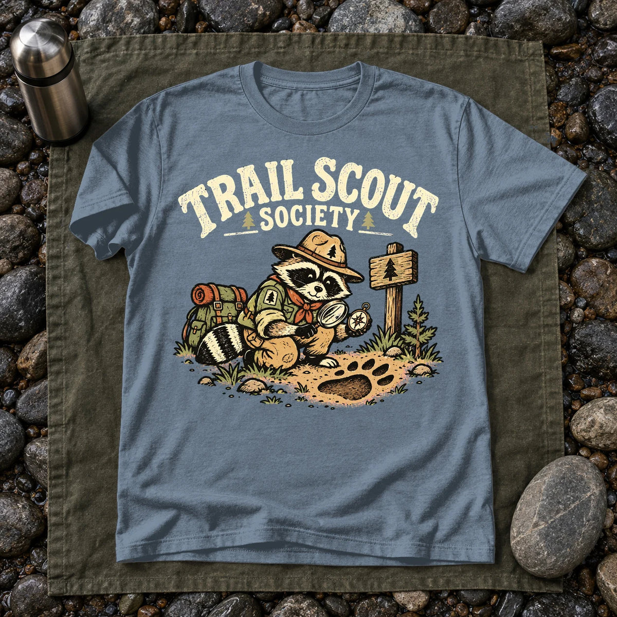 Trail Scout Society Raccoon Graphic Tee on Heather Indigo Everyday Soft Tee