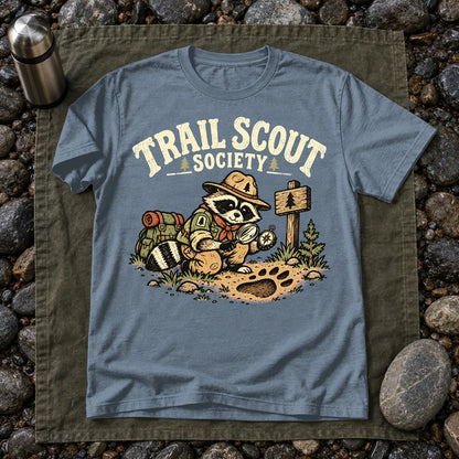 Trail Scout Society Raccoon Graphic Tee on Heather Indigo Everyday Soft Tee