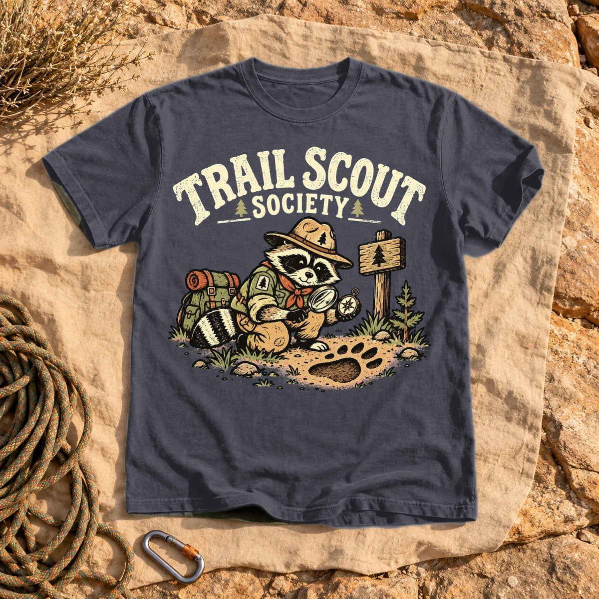Trail Scout Society Raccoon Graphic Tee on Navy Premium Tee