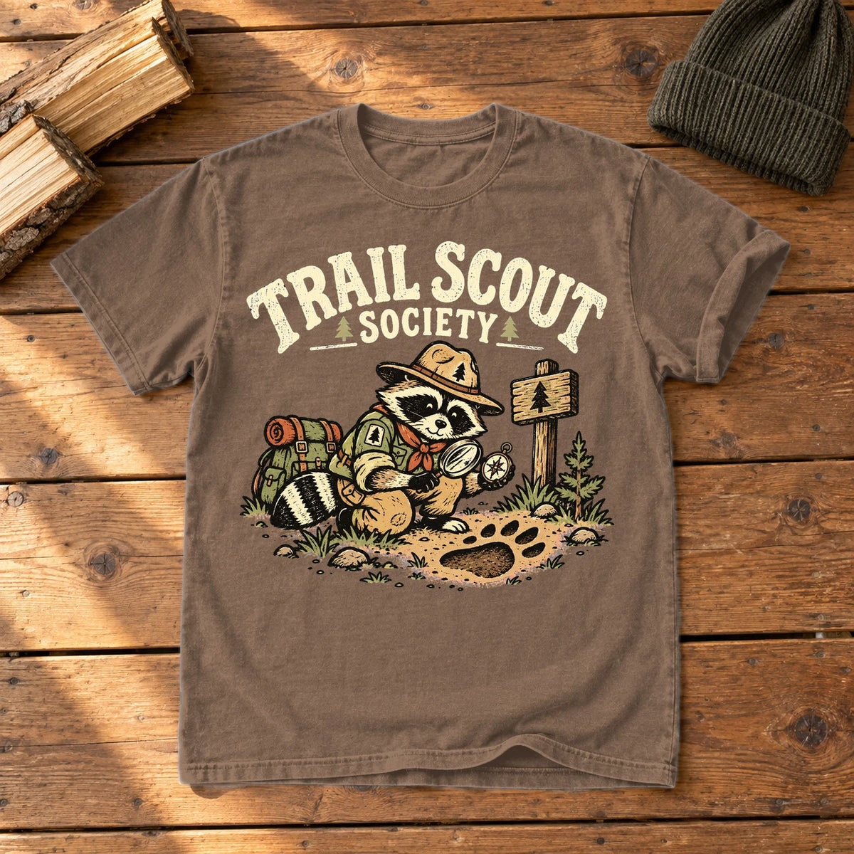Trail Scout Society Raccoon Graphic Tee on Espresso Premium Tee