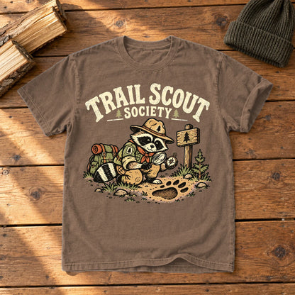 Trail Scout Society Raccoon Graphic Tee on Espresso Premium Tee