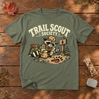 Trail Scout Society Raccoon Graphic Tee on Moss Premium Tee