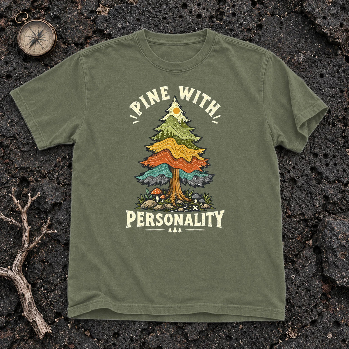 Pine With Personality Graphic Tee on Moss Premium Tee