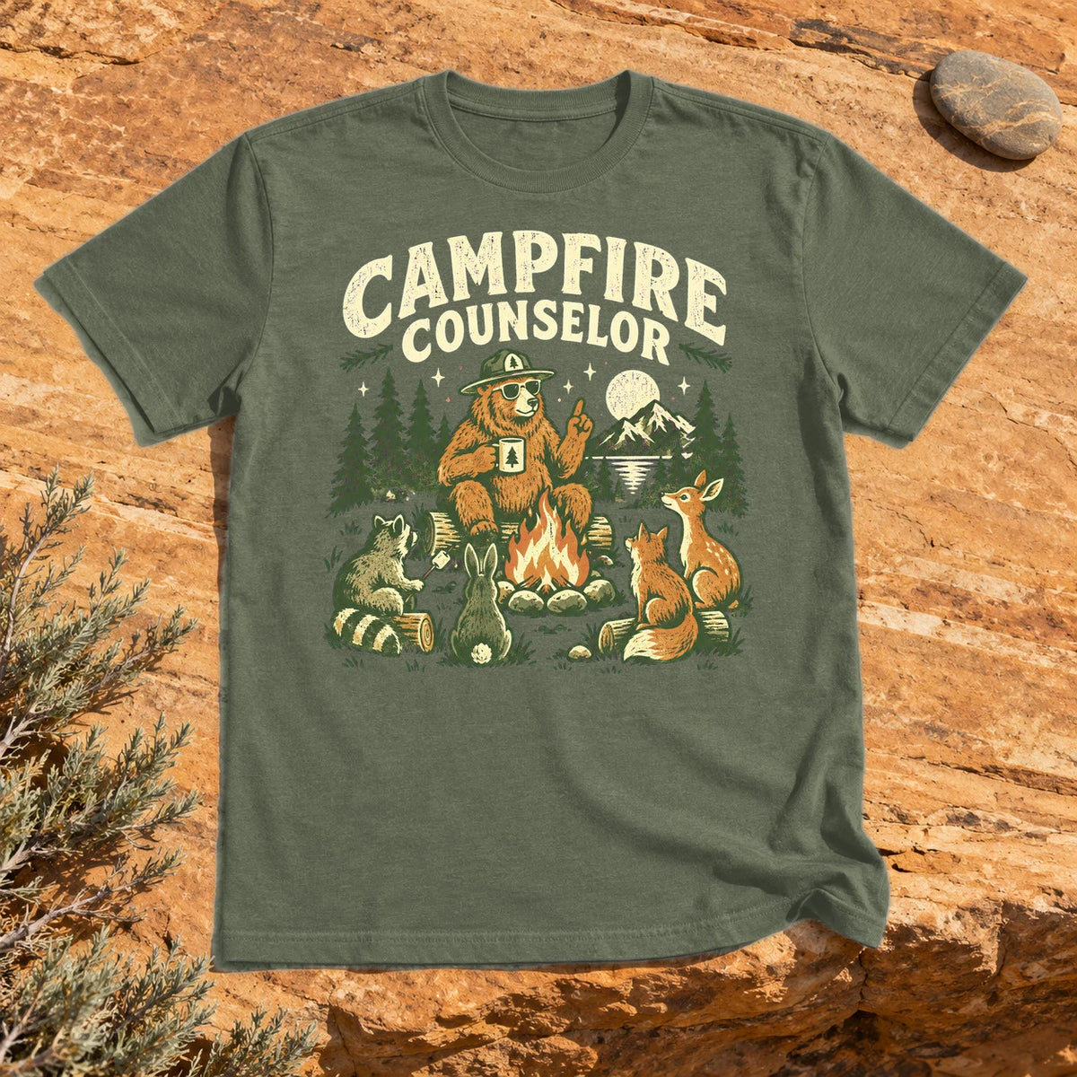 Campfire Counselor Graphic Tee on Military Green Everyday Soft Tee