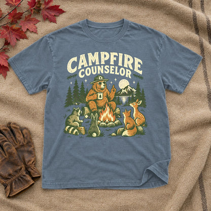 Campfire Counselor Graphic Tee on Heather Indigo Everyday Soft Tee