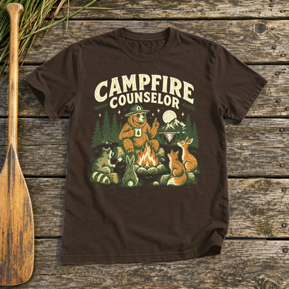 Campfire Counselor Graphic Tee on Dark Chocolate Everyday Soft Tee