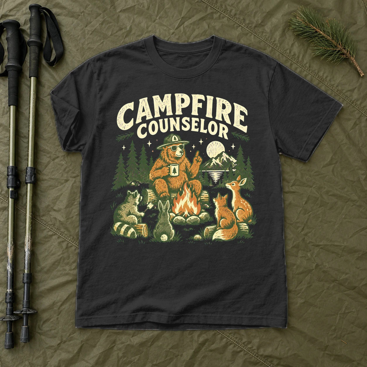 Campfire Counselor Graphic Tee on Black Premium Tee