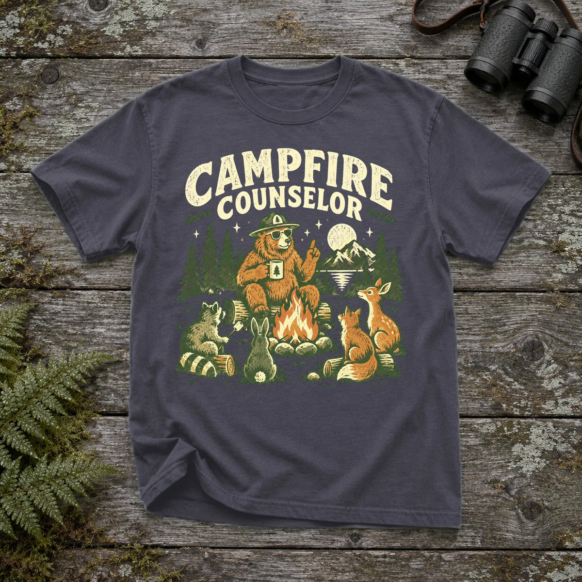 Campfire Counselor Graphic Tee on Navy Premium Tee
