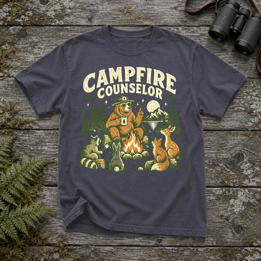 Campfire Counselor Graphic Tee on Navy Premium Tee