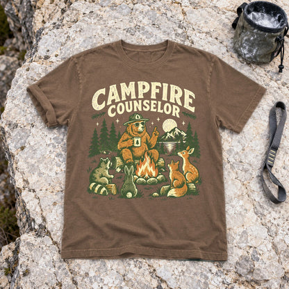 Campfire Counselor Graphic Tee on Espresso Premium Tee