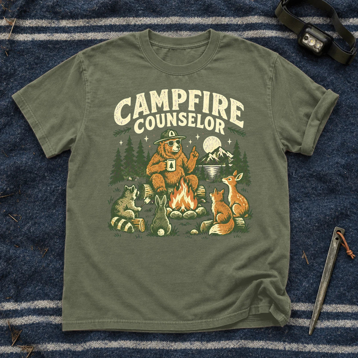 Campfire Counselor Graphic Tee on Moss Premium Tee