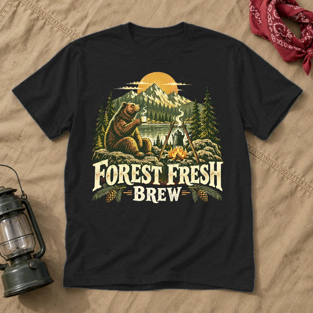 Forest Fresh Brew Bear Graphic Tee on Black Everyday Soft Tee