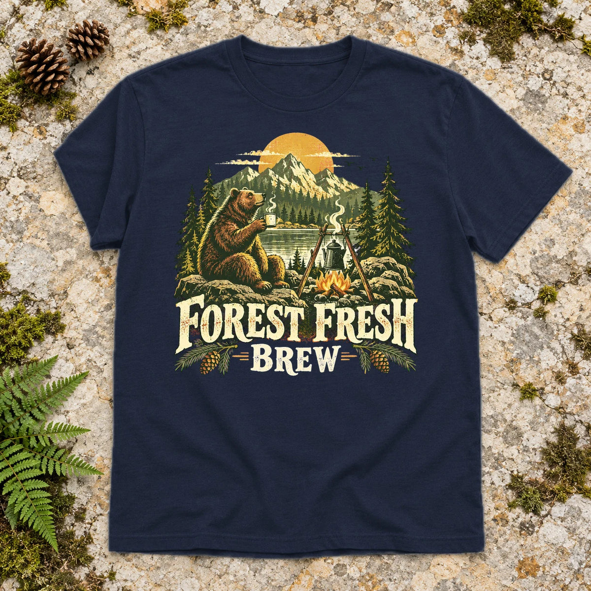 Forest Fresh Brew Bear Graphic Tee on Navy Everyday Soft Tee