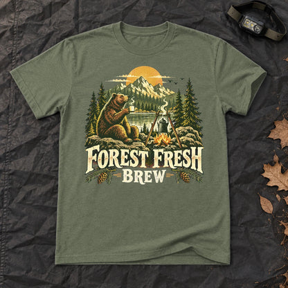 Forest Fresh Brew Bear Graphic Tee on Military Green Everyday Soft Tee