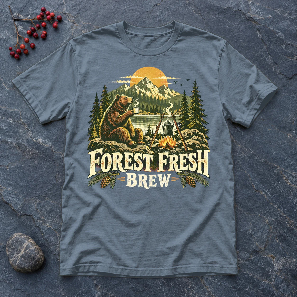 Forest Fresh Brew Bear Graphic Tee on Heather Indigo Everyday Soft Tee
