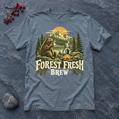 Forest Fresh Brew Bear Graphic Tee on Heather Indigo Everyday Soft Tee
