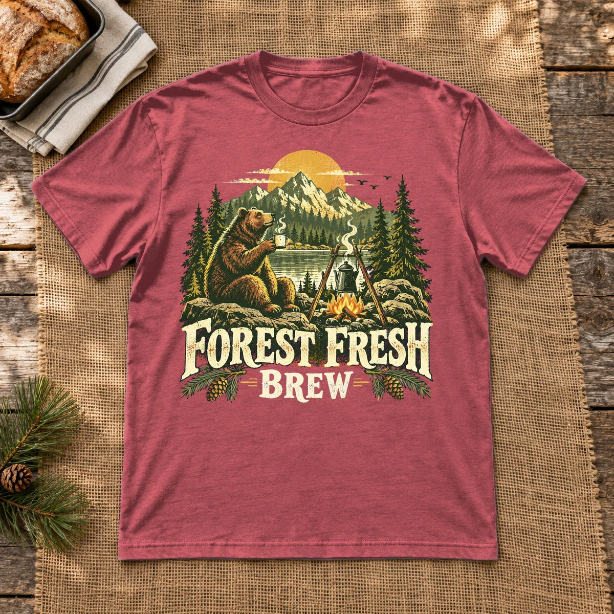 Forest Fresh Brew Bear Graphic Tee on Heather Red Everyday Soft Tee