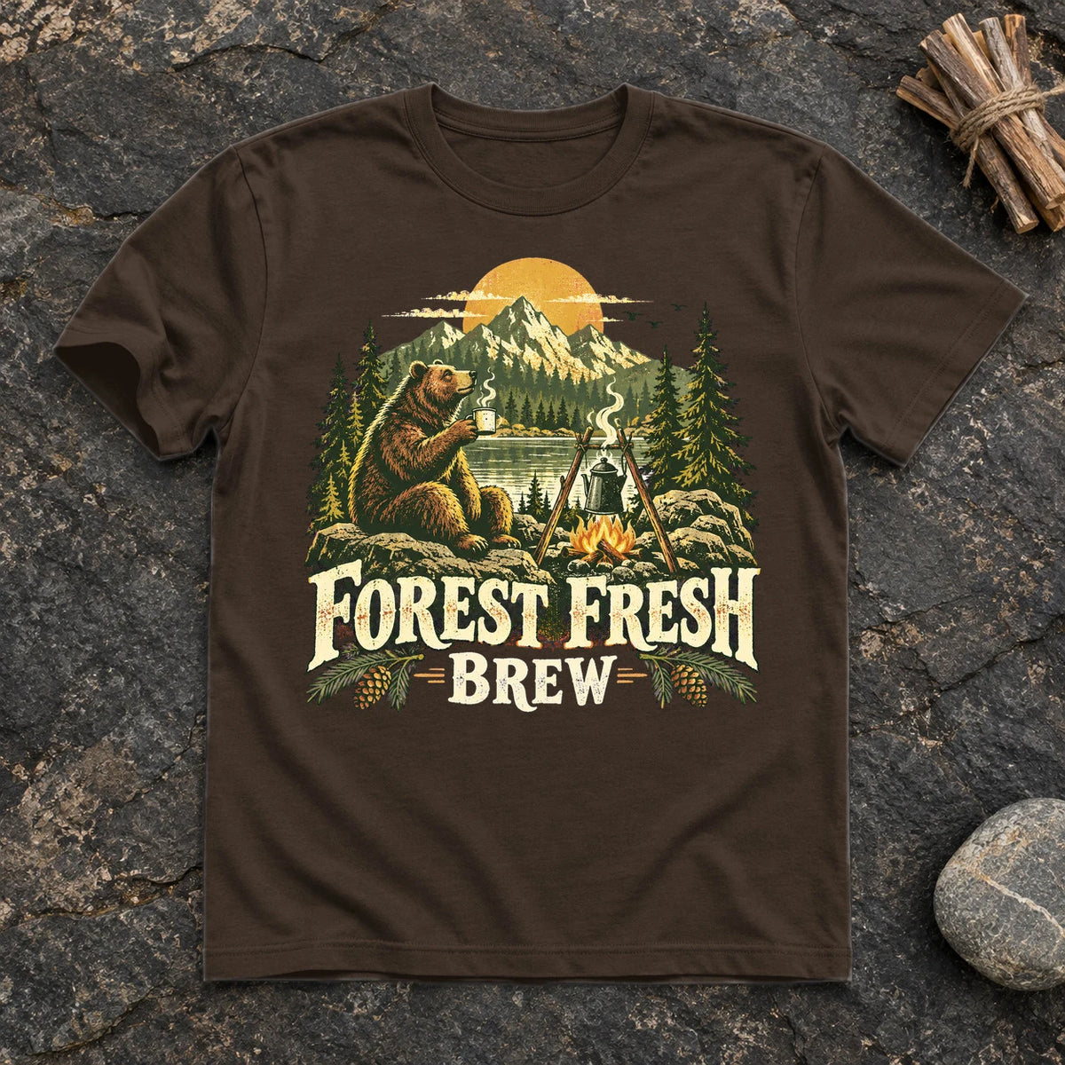 Forest Fresh Brew Bear Graphic Tee on Dark Chocolate Everyday Soft Tee