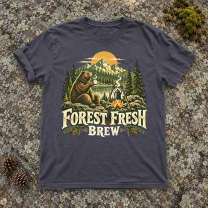 Forest Fresh Brew Bear Graphic Tee on Navy Premium Tee