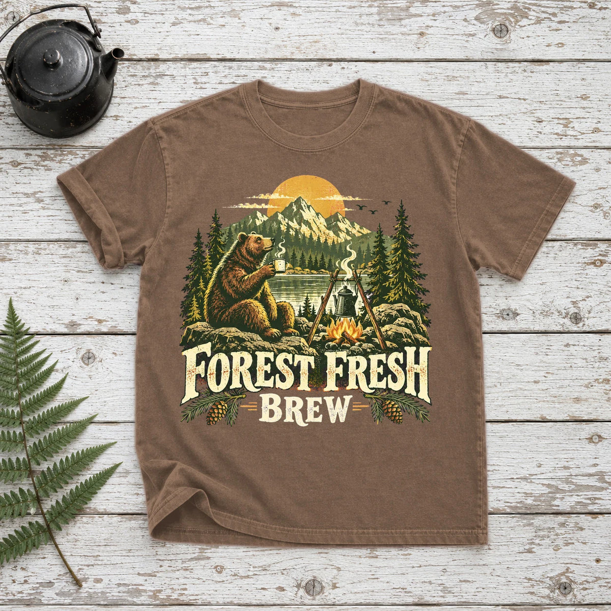 Forest Fresh Brew Bear Graphic Tee on Espresso Premium Tee