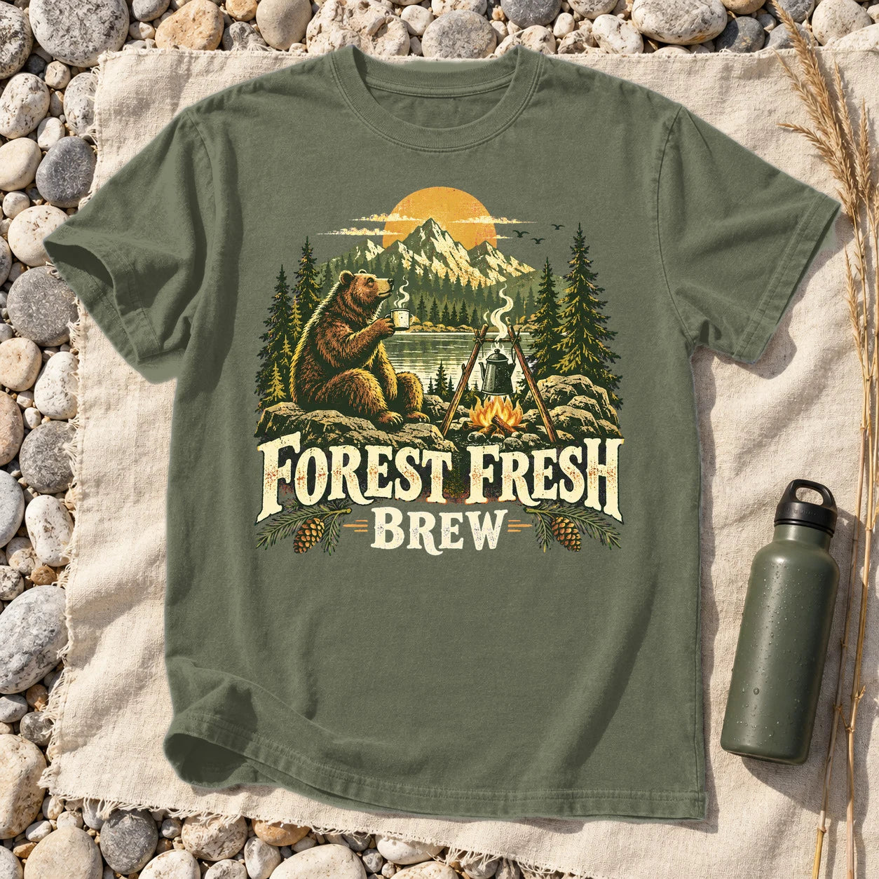 Forest Fresh Brew Bear Graphic Tee on Moss Premium Tee