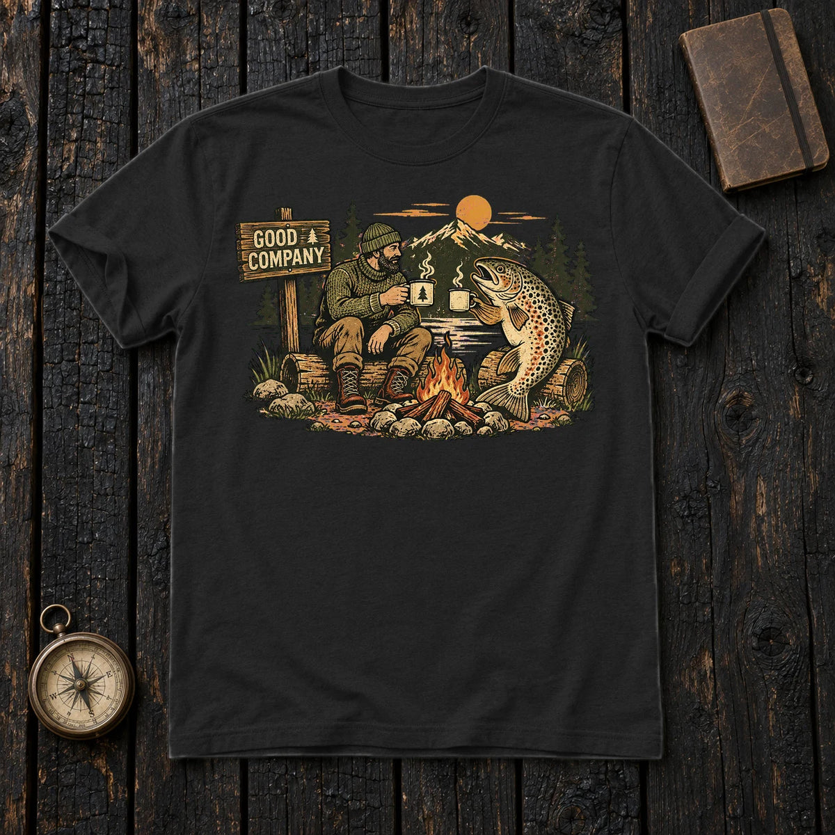 Good Company Trout Campfire Graphic Tee on Black Everyday Soft Tee
