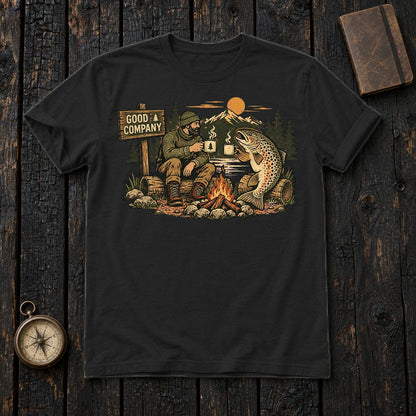 Good Company Trout Campfire Graphic Tee on Black Everyday Soft Tee