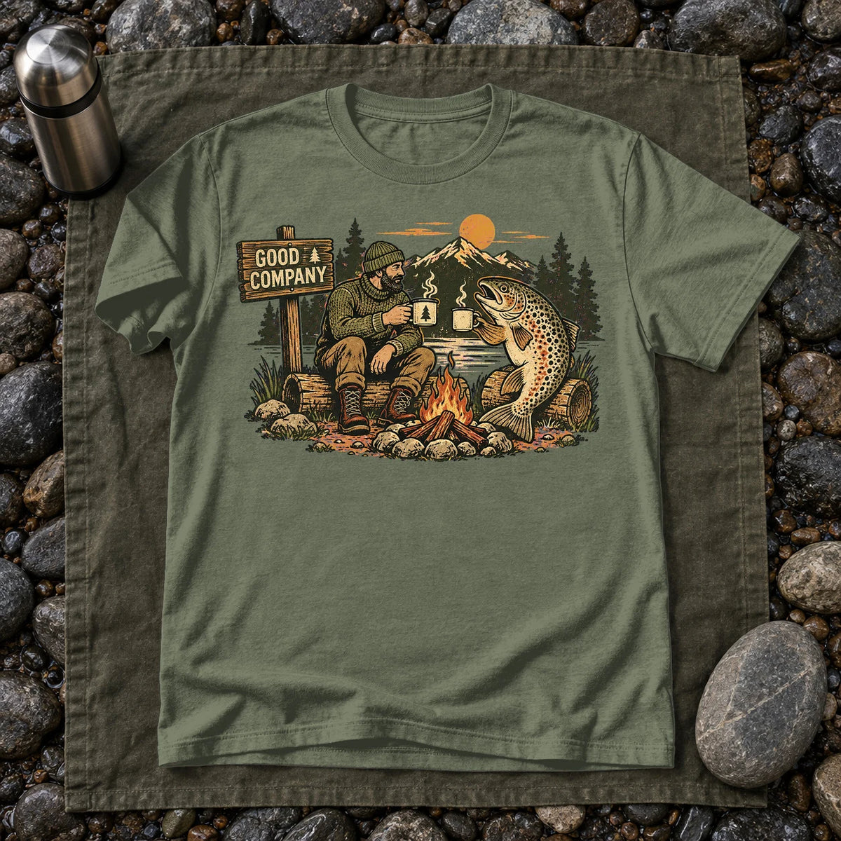 Good Company Trout Campfire Graphic Tee on Military Green Everyday Soft Tee