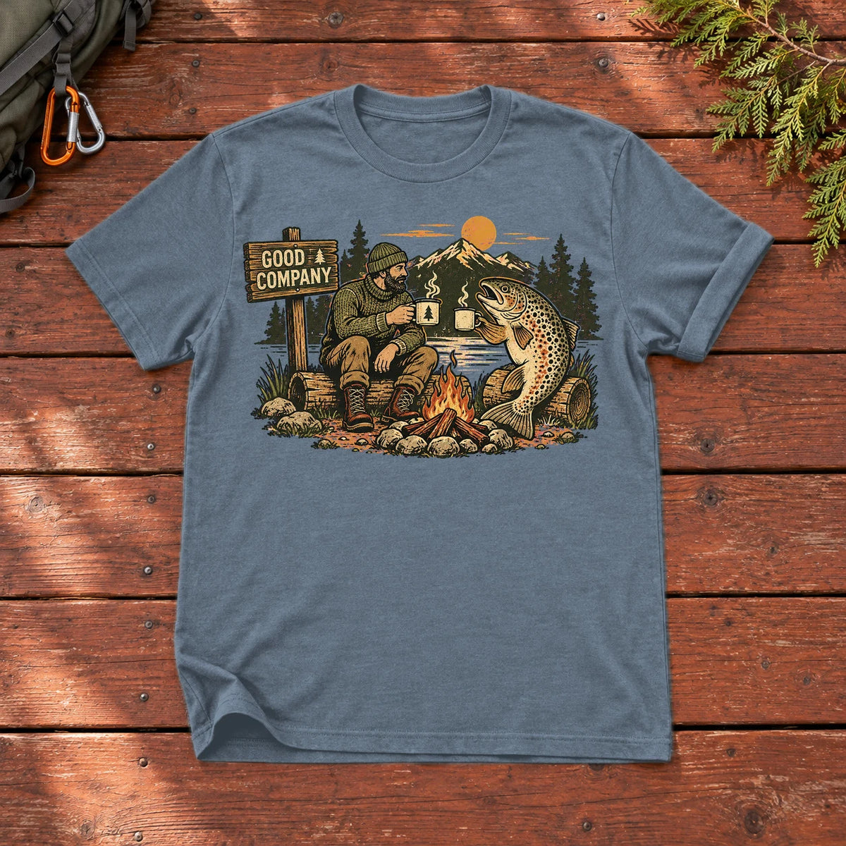 Good Company Trout Campfire Graphic Tee on Heather Indigo Everyday Soft Tee