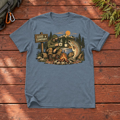 Good Company Trout Campfire Graphic Tee on Heather Indigo Everyday Soft Tee