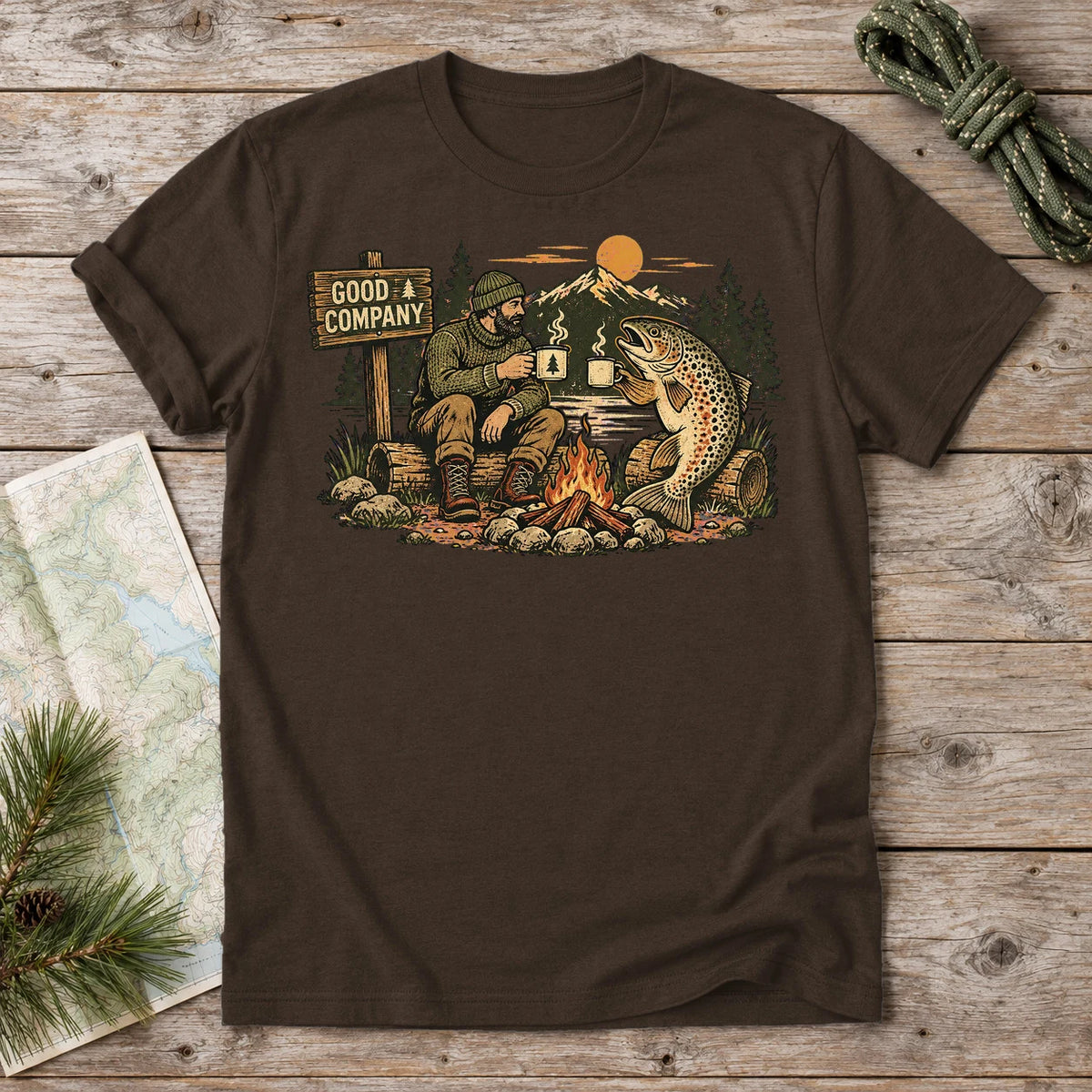 Good Company Trout Campfire Graphic Tee on Dark Chocolate Everyday Soft Tee