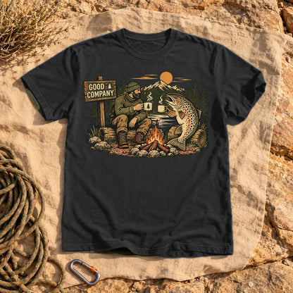 Good Company Trout Campfire Graphic Tee on Black Premium Tee