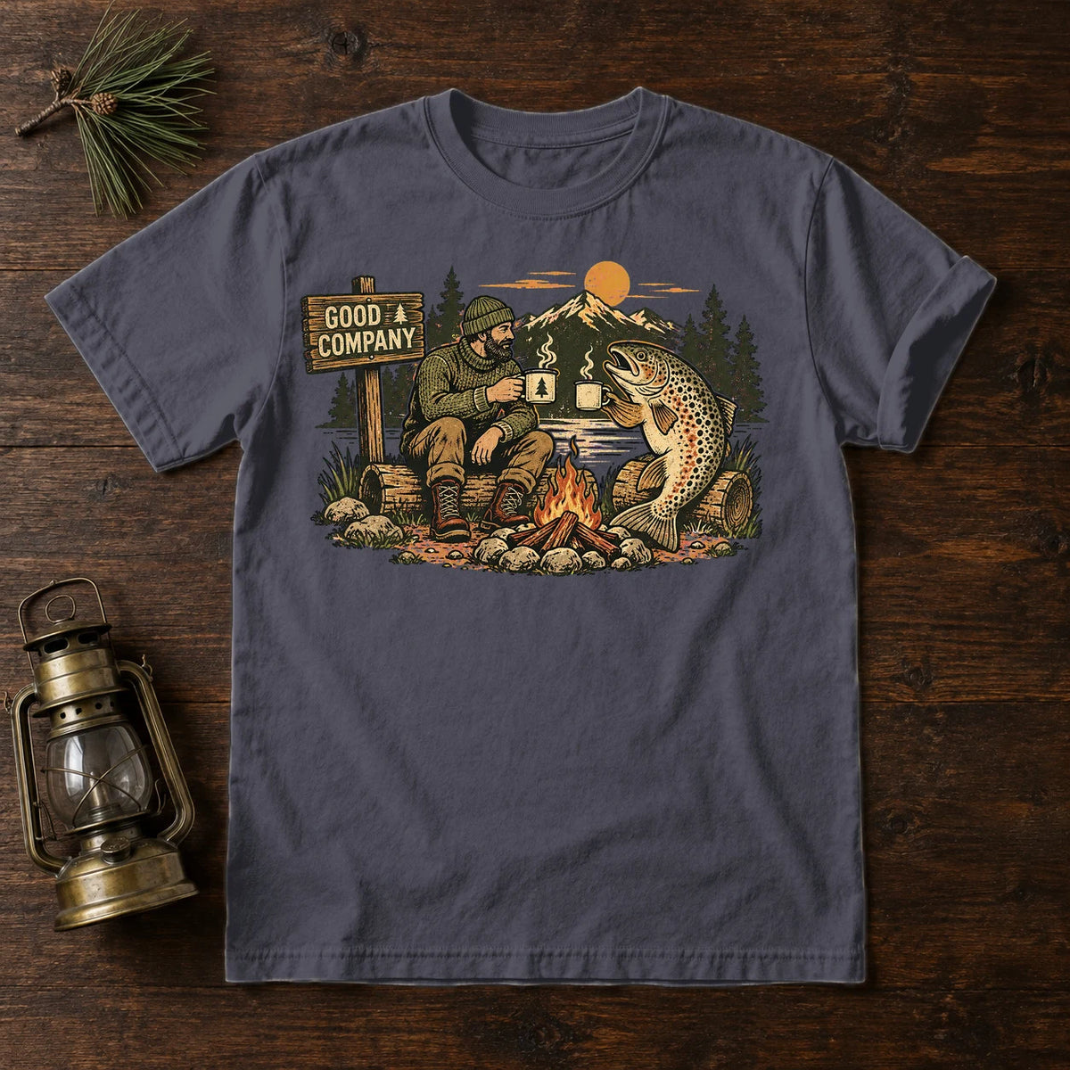 Good Company Trout Campfire Graphic Tee on Navy Premium Tee